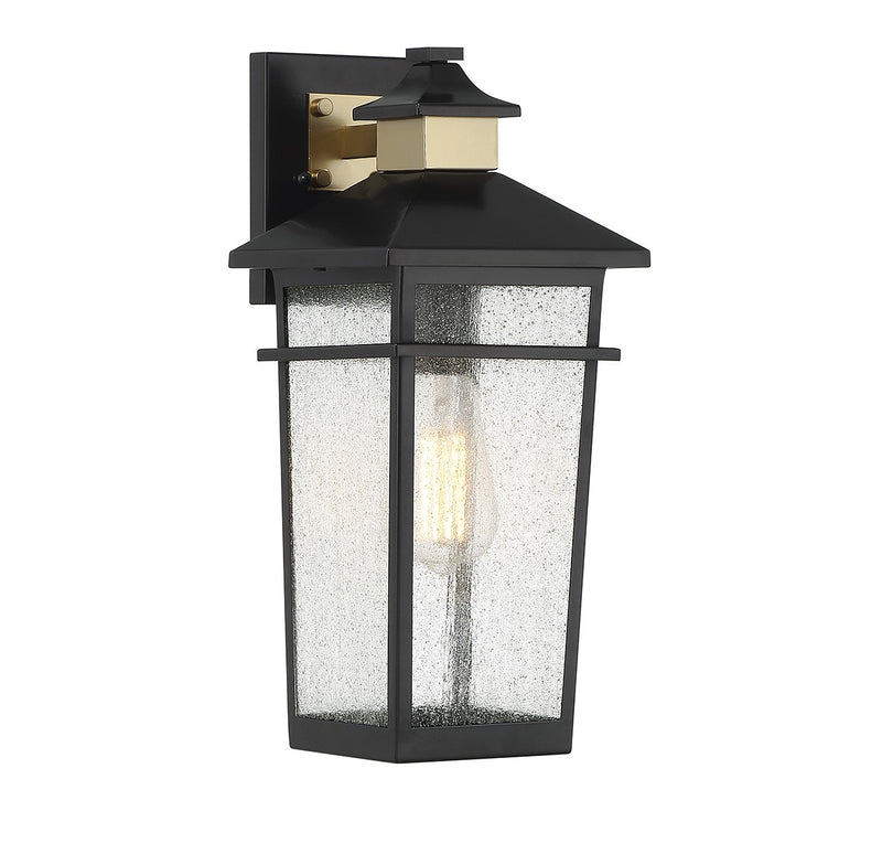 One Light Outdoor Wall Lantern<br /><span style="color:#4AB0CE;">Entrega: 4-10 dias en USA</span><br /><span style="color:#4AB0CE;font-size:60%;">PREGUNTE POR ENTREGA EN PANAMA</span><br />Collection: Kingsley<br />Finish: Matte Black with Warm Brass