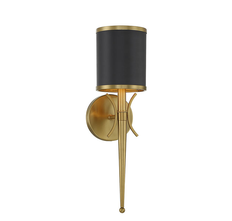 One Light Wall Sconce<br /><span style="color:#4AB0CE;">Entrega: 4-10 dias en USA</span><br /><span style="color:#4AB0CE;font-size:60%;">PREGUNTE POR ENTREGA EN PANAMA</span><br />Collection: Quincy<br />Finish: Matte Black with Warm Brass