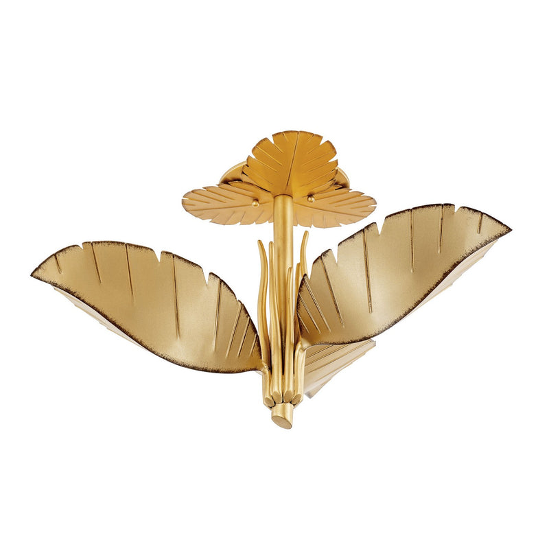 Three Light Semi-Flush Mount<br /><span style="color:#4AB0CE;">Entrega: 11-12 semanas en USA</span><br /><span style="color:#4AB0CE;font-size:60%;">PREGUNTE POR ENTREGA EN PANAMA</span><br />Collection: Banana Leaf<br />Finish: Gold/Dark Edging