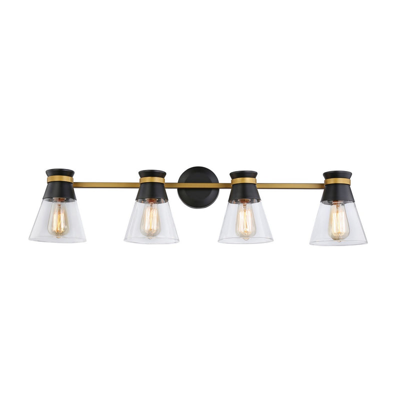 Four Light Vanity<br /><span style="color:#4AB0CE;">Entrega: 4-10 dias en USA</span><br /><span style="color:#4AB0CE;font-size:60%;">PREGUNTE POR ENTREGA EN PANAMA</span><br />Collection: Kanata<br />Finish: Black & Brushed Brass