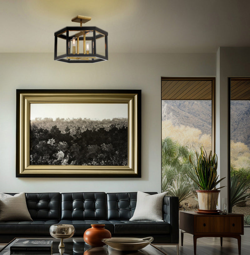 Four Light Semi Flush Mount<br /><span style="color:#4AB0CE;">Entrega: 4-10 dias en USA</span><br /><span style="color:#4AB0CE;font-size:60%;">PREGUNTE POR ENTREGA EN PANAMA</span><br />Collection: UNION ESTATES<br />Finish: Coal And Soft Brass