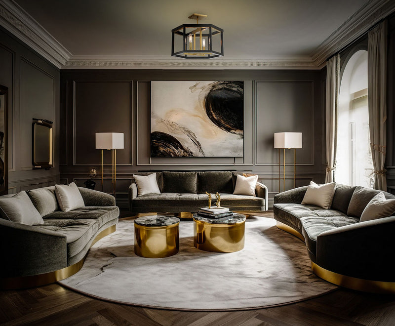 Four Light Semi Flush Mount<br /><span style="color:#4AB0CE;">Entrega: 12-13 semanas en USA</span><br /><span style="color:#4AB0CE;font-size:60%;">PREGUNTE POR ENTREGA EN PANAMA</span><br />Collection: UNION ESTATES<br />Finish: Coal And Soft Brass