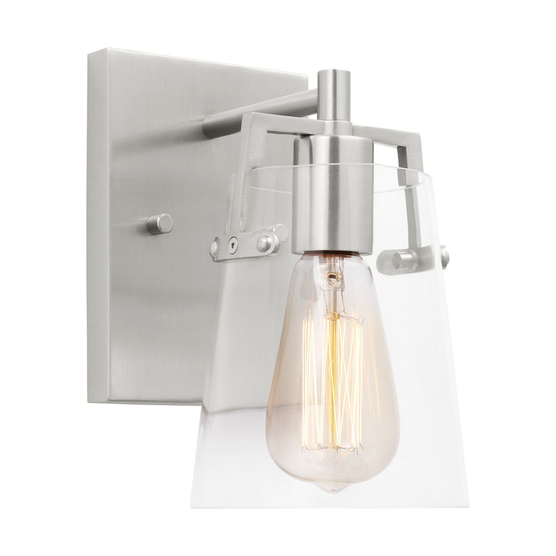 One Light Wall Sconce<br /><span style="color:#4AB0CE;">Entrega: 4-10 dias en USA</span><br /><span style="color:#4AB0CE;font-size:60%;">PREGUNTE POR ENTREGA EN PANAMA</span><br />Collection: Crofton<br />Finish: Brushed Steel