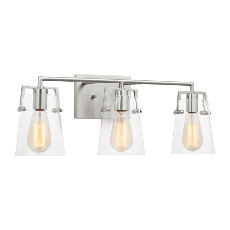 Three Light Bath<br /><span style="color:#4AB0CE;">Entrega: 4-10 dias en USA</span><br /><span style="color:#4AB0CE;font-size:60%;">PREGUNTE POR ENTREGA EN PANAMA</span><br />Collection: Crofton<br />Finish: Brushed Steel
