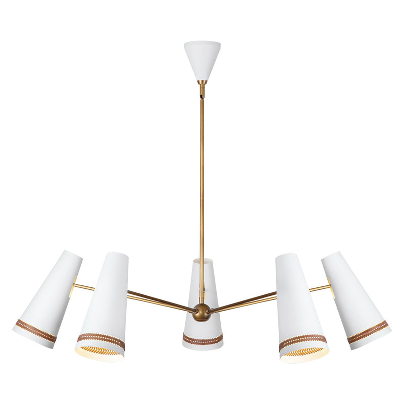 Five Light Chandelier<br /><span style="color:#4AB0CE;">Entrega: 4-10 dias en USA</span><br /><span style="color:#4AB0CE;font-size:60%;">PREGUNTE POR ENTREGA EN PANAMA</span><br />Collection: Brickell<br />Finish: Matte White/Hazelnut Leather