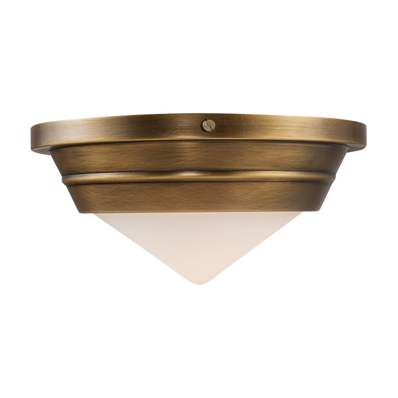 One Light Flush Mount<br /><span style="color:#4AB0CE;">Entrega: 4-10 dias en USA</span><br /><span style="color:#4AB0CE;font-size:60%;">PREGUNTE POR ENTREGA EN PANAMA</span><br />Collection: Willard<br />Finish: Vintage Brass/Opal Matte Glass