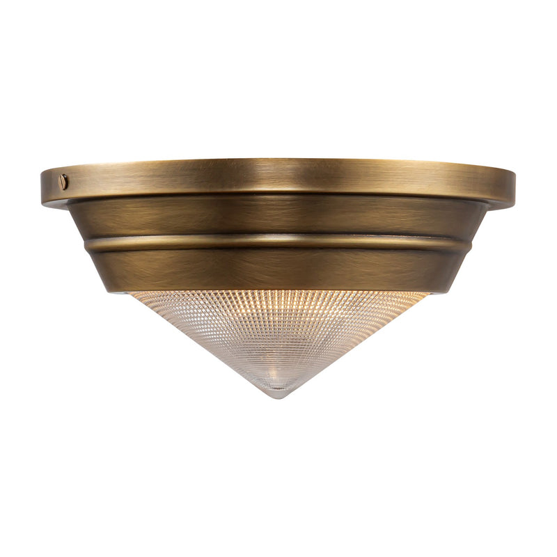 One Light Flush Mount<br /><span style="color:#4AB0CE;">Entrega: 4-10 dias en USA</span><br /><span style="color:#4AB0CE;font-size:60%;">PREGUNTE POR ENTREGA EN PANAMA</span><br />Collection: Willard<br />Finish: Vintage Brass/Prismatic Glass