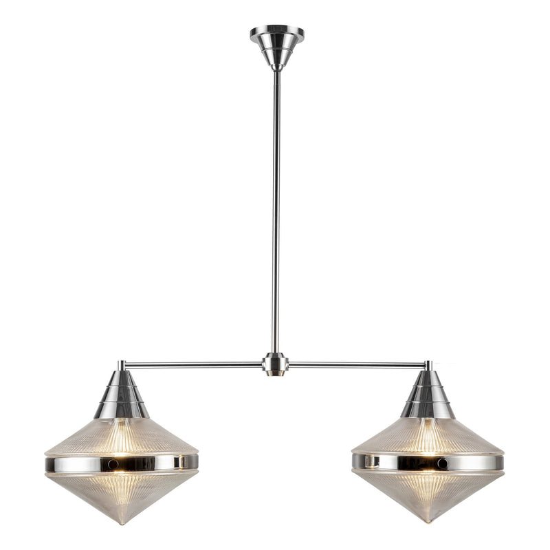 Two Light Linear Pendant<br /><span style="color:#4AB0CE;">Entrega: 4-10 dias en USA</span><br /><span style="color:#4AB0CE;font-size:60%;">PREGUNTE POR ENTREGA EN PANAMA</span><br />Collection: Willard<br />Finish: Polished Nickel/Prismatic Glass