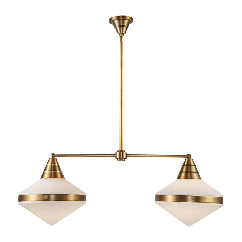 Two Light Linear Pendant<br /><span style="color:#4AB0CE;">Entrega: 4-10 dias en USA</span><br /><span style="color:#4AB0CE;font-size:60%;">PREGUNTE POR ENTREGA EN PANAMA</span><br />Collection: Willard<br />Finish: Vintage Brass/Opal Matte Glass