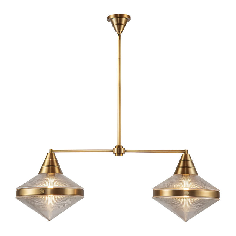 Two Light Linear Pendant<br /><span style="color:#4AB0CE;">Entrega: 4-10 dias en USA</span><br /><span style="color:#4AB0CE;font-size:60%;">PREGUNTE POR ENTREGA EN PANAMA</span><br />Collection: Willard<br />Finish: Vintage Brass/Prismatic Glass