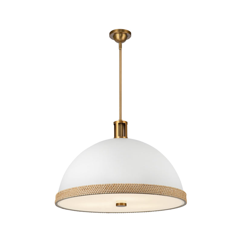 Three Light Pendant<br /><span style="color:#4AB0CE;">Entrega: 4-10 dias en USA</span><br /><span style="color:#4AB0CE;font-size:60%;">PREGUNTE POR ENTREGA EN PANAMA</span><br />Collection: Doral<br />Finish: Matte White/Vintage Brass