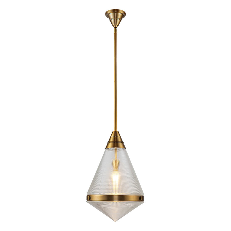One Light Pendant<br /><span style="color:#4AB0CE;">Entrega: 4-10 dias en USA</span><br /><span style="color:#4AB0CE;font-size:60%;">PREGUNTE POR ENTREGA EN PANAMA</span><br />Collection: Willard<br />Finish: Vintage Brass/Prismatic Glass