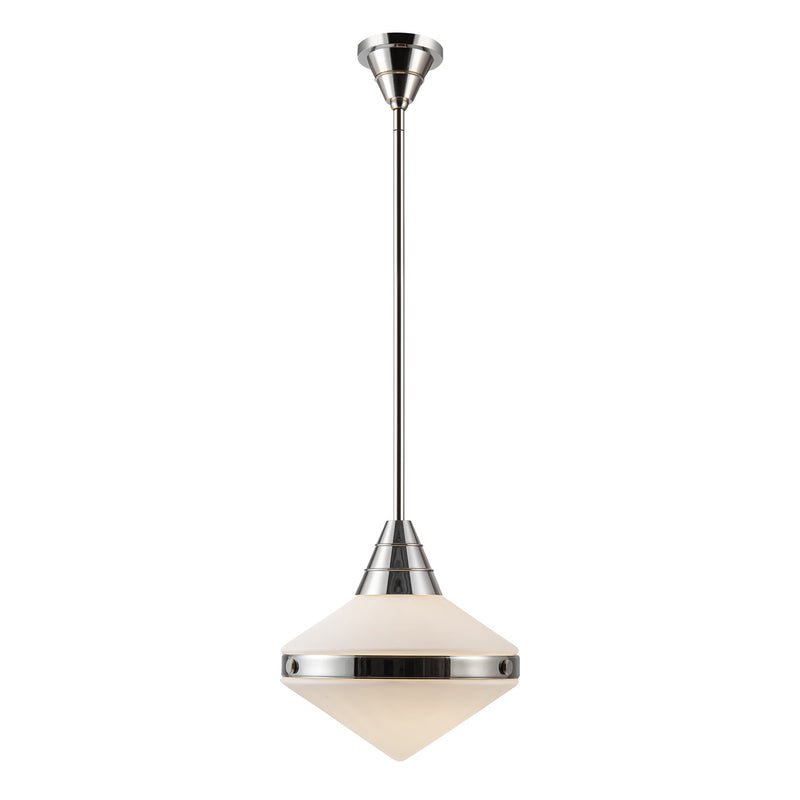 One Light Pendant<br /><span style="color:#4AB0CE;">Entrega: 4-10 dias en USA</span><br /><span style="color:#4AB0CE;font-size:60%;">PREGUNTE POR ENTREGA EN PANAMA</span><br />Collection: Willard<br />Finish: Polished Nickel/Opal Matte Glass
