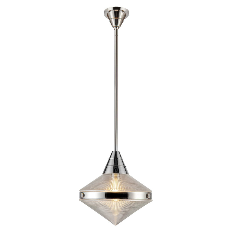 One Light Pendant<br /><span style="color:#4AB0CE;">Entrega: 4-10 dias en USA</span><br /><span style="color:#4AB0CE;font-size:60%;">PREGUNTE POR ENTREGA EN PANAMA</span><br />Collection: Willard<br />Finish: Polished Nickel/Prismatic Glass