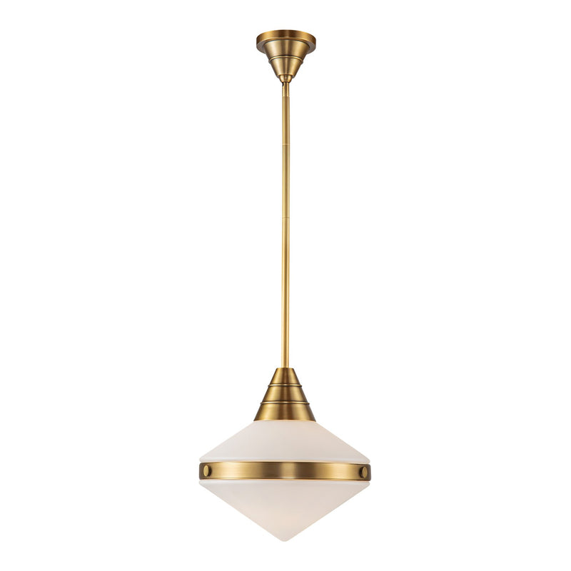 One Light Pendant<br /><span style="color:#4AB0CE;">Entrega: 4-10 dias en USA</span><br /><span style="color:#4AB0CE;font-size:60%;">PREGUNTE POR ENTREGA EN PANAMA</span><br />Collection: Willard<br />Finish: Vintage Brass/Opal Matte Glass