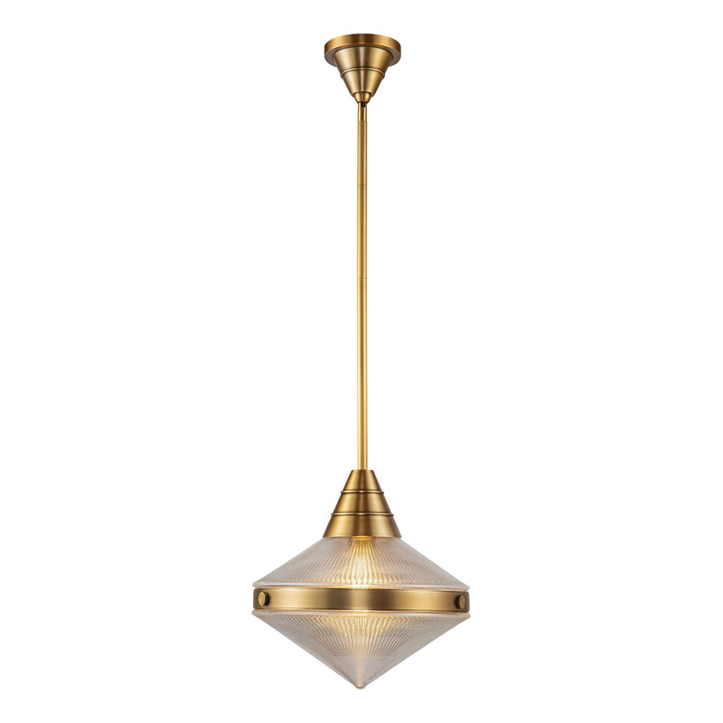 One Light Pendant<br /><span style="color:#4AB0CE;">Entrega: 4-10 dias en USA</span><br /><span style="color:#4AB0CE;font-size:60%;">PREGUNTE POR ENTREGA EN PANAMA</span><br />Collection: Willard<br />Finish: Vintage Brass/Prismatic Glass
