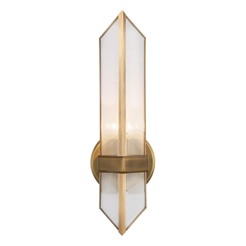 One Light Wall Sconce<br /><span style="color:#4AB0CE;">Entrega: 4-10 dias en USA</span><br /><span style="color:#4AB0CE;font-size:60%;">PREGUNTE POR ENTREGA EN PANAMA</span><br />Collection: Cairo<br />Finish: Ribbed Glass/Vintage Brass