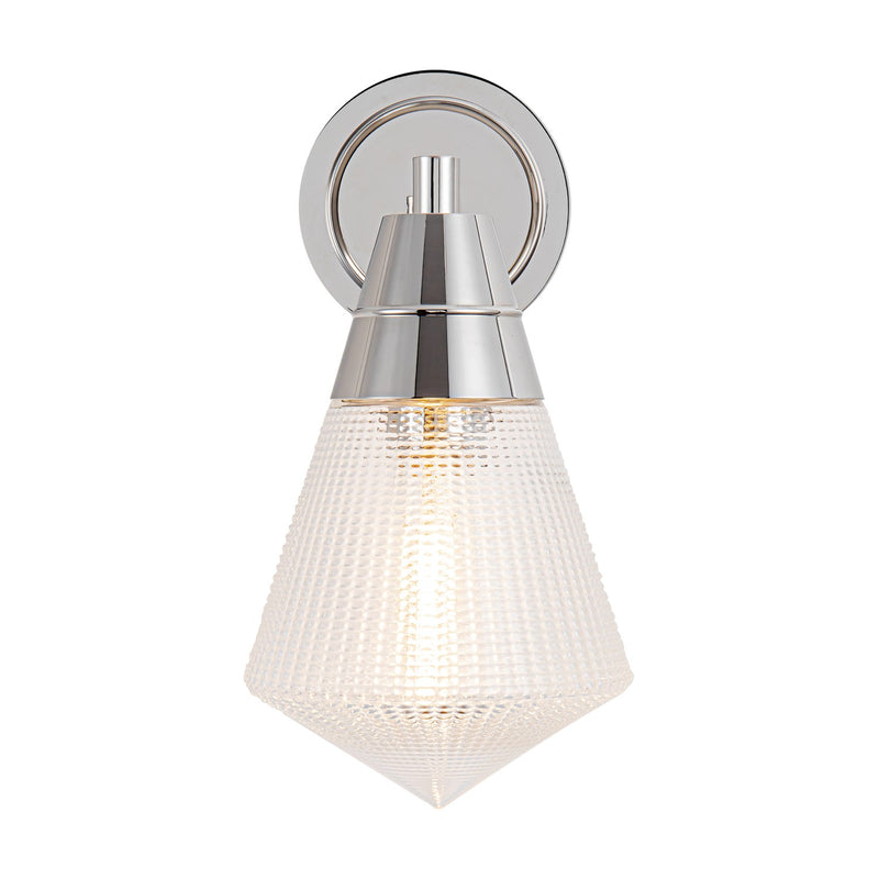 One Light Wall Sconce<br /><span style="color:#4AB0CE;">Entrega: 4-10 dias en USA</span><br /><span style="color:#4AB0CE;font-size:60%;">PREGUNTE POR ENTREGA EN PANAMA</span><br />Collection: Willard<br />Finish: Polished Nickel/Prismatic Glass