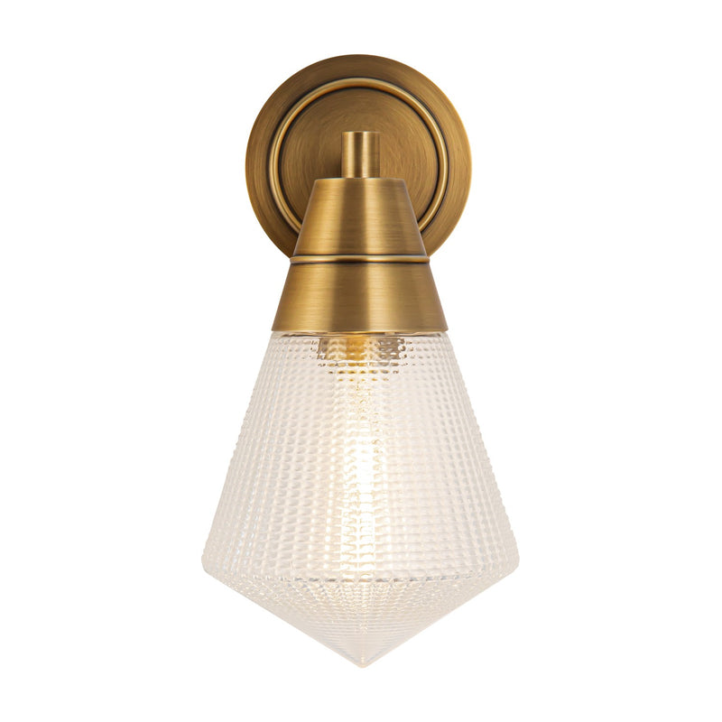One Light Wall Sconce<br /><span style="color:#4AB0CE;">Entrega: 4-10 dias en USA</span><br /><span style="color:#4AB0CE;font-size:60%;">PREGUNTE POR ENTREGA EN PANAMA</span><br />Collection: Willard<br />Finish: Vintage Brass/Prismatic Glass
