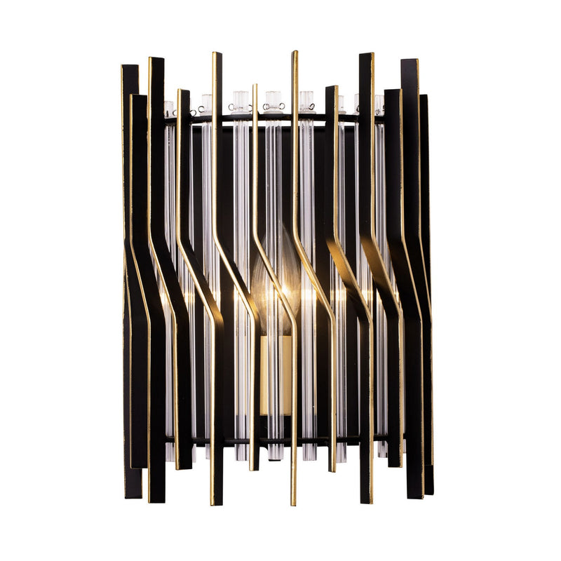 One Light Wall Sconce<br /><span style="color:#4AB0CE;">Entrega: 4-10 dias en USA</span><br /><span style="color:#4AB0CE;font-size:60%;">PREGUNTE POR ENTREGA EN PANAMA</span><br />Collection: Park Row<br />Finish: Matte Black/French Gold