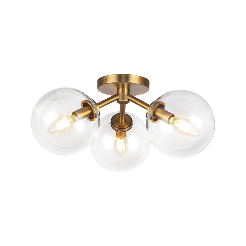 Three Light Semi-Flush Mount<br /><span style="color:#4AB0CE;">Entrega: 4-10 dias en USA</span><br /><span style="color:#4AB0CE;font-size:60%;">PREGUNTE POR ENTREGA EN PANAMA</span><br />Collection: Cassia<br />Finish: Aged Brass/Clear Glass