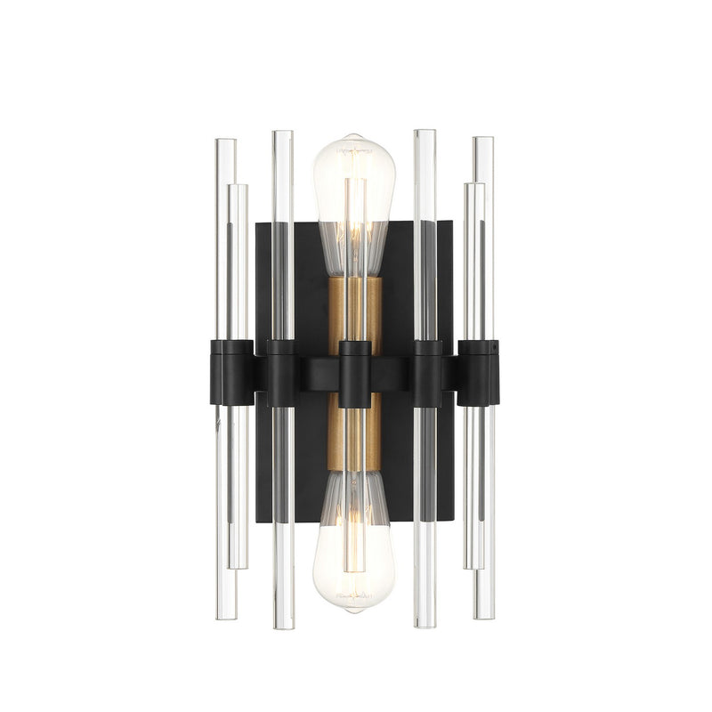 Two Light Wall Sconce<br /><span style="color:#4AB0CE;">Entrega: 4-10 dias en USA</span><br /><span style="color:#4AB0CE;font-size:60%;">PREGUNTE POR ENTREGA EN PANAMA</span><br />Collection: Santiago<br />Finish: Matte Black with Warm Brass Accents