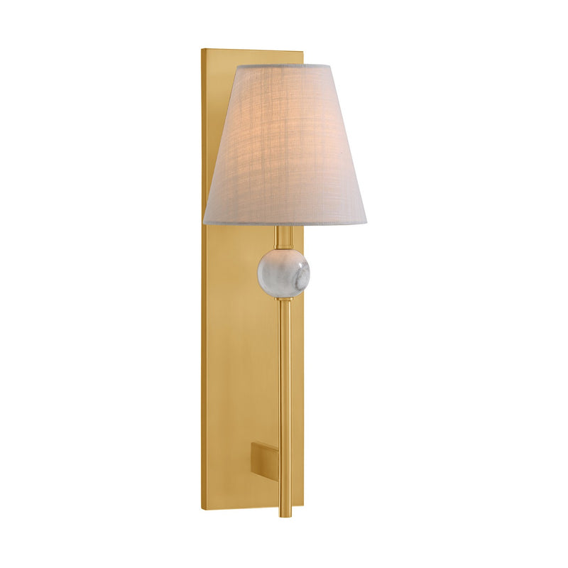 One Light Wall Sconce<br /><span style="color:#4AB0CE;">Entrega: 4-10 dias en USA</span><br /><span style="color:#4AB0CE;font-size:60%;">PREGUNTE POR ENTREGA EN PANAMA</span><br />Collection: Travis<br />Finish: Warm Brass