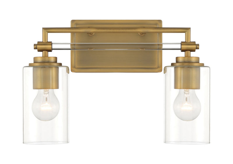 Two Light Bath Vanity<br /><span style="color:#4AB0CE;">Entrega: 4-10 dias en USA</span><br /><span style="color:#4AB0CE;font-size:60%;">PREGUNTE POR ENTREGA EN PANAMA</span><br />Collection: Binsly<br />Finish: Aged Brass