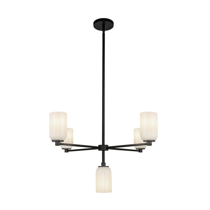 Five Light Chandelier<br /><span style="color:#4AB0CE;">Entrega: 4-10 dias en USA</span><br /><span style="color:#4AB0CE;font-size:60%;">PREGUNTE POR ENTREGA EN PANAMA</span><br />Collection: Nola<br />Finish: Black/Glossy Opal Glass