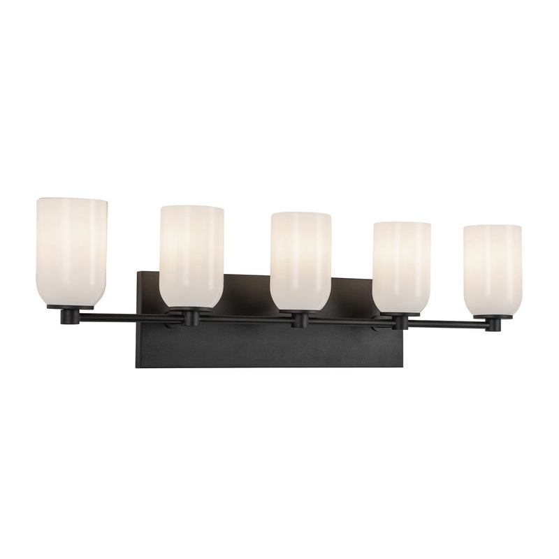 Five Light Vanity<br /><span style="color:#4AB0CE;">Entrega: 4-10 dias en USA</span><br /><span style="color:#4AB0CE;font-size:60%;">PREGUNTE POR ENTREGA EN PANAMA</span><br />Collection: Nola<br />Finish: Black/Glossy Opal Glass
