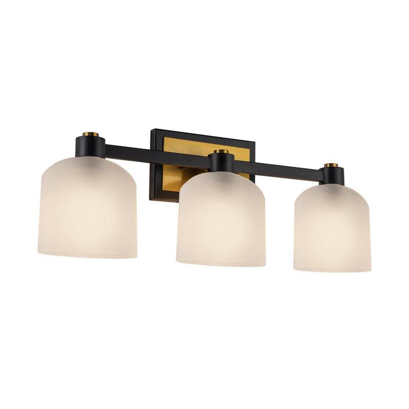 Three Light Bathroom Vanity<br /><span style="color:#4AB0CE;">Entrega: 4-10 dias en USA</span><br /><span style="color:#4AB0CE;font-size:60%;">PREGUNTE POR ENTREGA EN PANAMA</span><br />Collection: Lyndon<br />Finish: Black and Brushed Brass