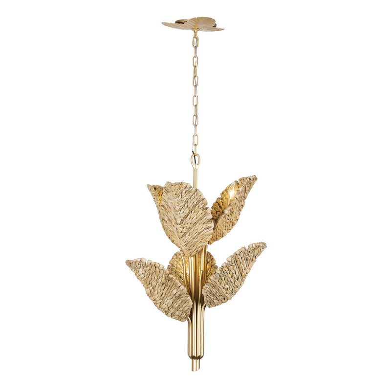 Six Light Chandelier<br /><span style="color:#4AB0CE;">Entrega: 1-2 semanas en USA</span><br /><span style="color:#4AB0CE;font-size:60%;">PREGUNTE POR ENTREGA EN PANAMA</span><br />Collection: Banana Leaf<br />Finish: French Gold/Natural Seagrass