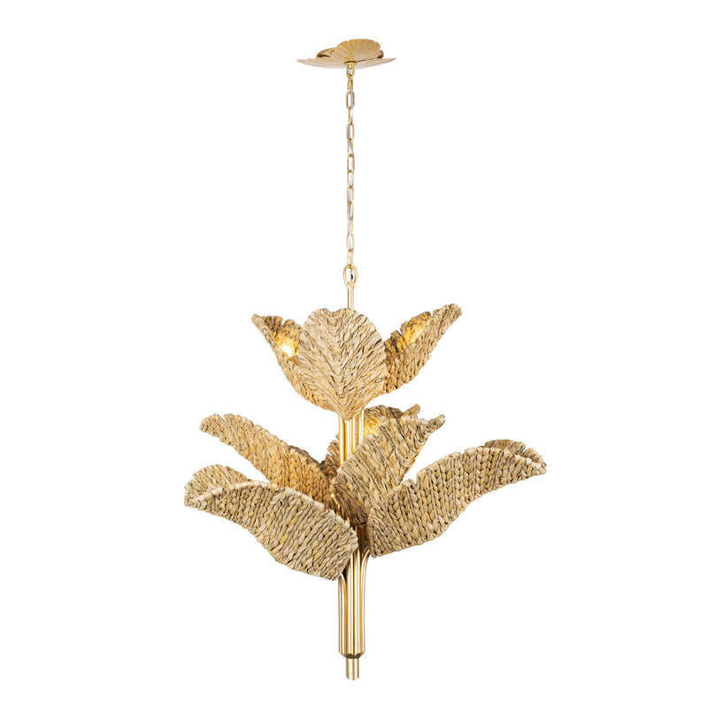 Nine Light Chandelier<br /><span style="color:#4AB0CE;">Entrega: 1-2 semanas en USA</span><br /><span style="color:#4AB0CE;font-size:60%;">PREGUNTE POR ENTREGA EN PANAMA</span><br />Collection: Banana Leaf<br />Finish: French Gold/Natural Seagrass