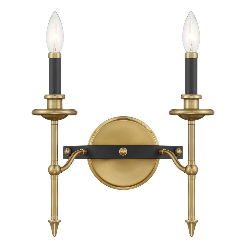 Two Light Wall Sconce<br /><span style="color:#4AB0CE;">Entrega: 4-10 dias en USA</span><br /><span style="color:#4AB0CE;font-size:60%;">PREGUNTE POR ENTREGA EN PANAMA</span><br />Collection: Consulate<br />Finish: Matte Black and Warm Brass