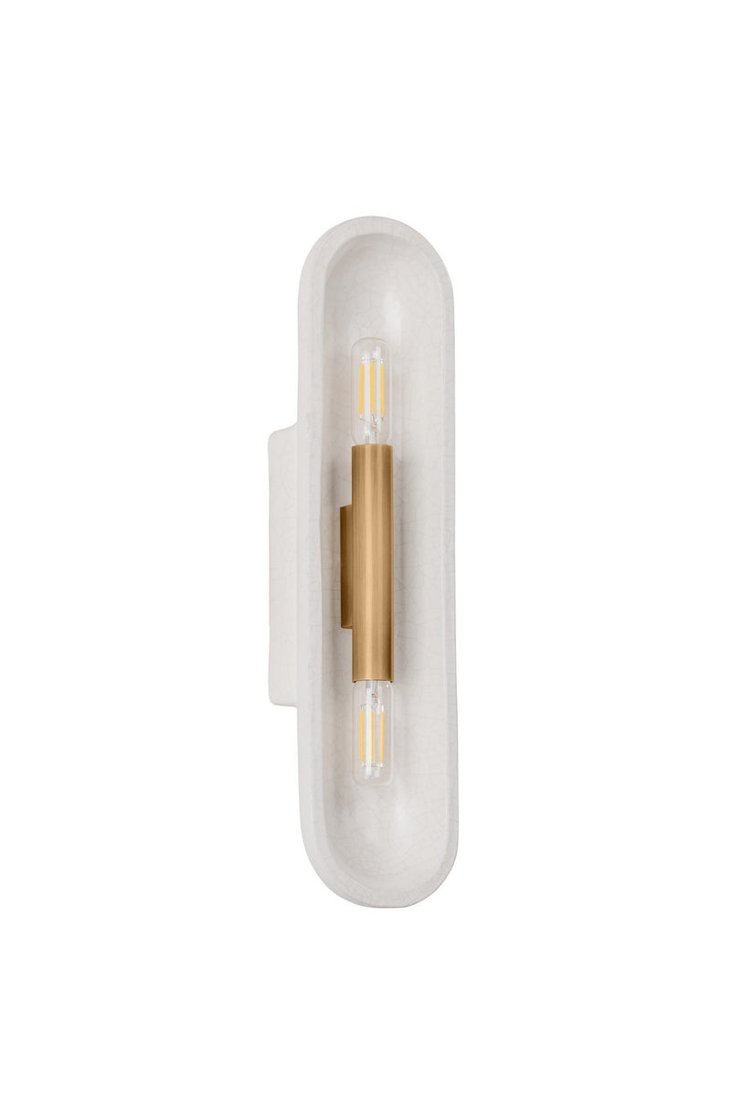 Two Light Wall Sconce<br /><span style="color:#4AB0CE;">Entrega: 8-9 semanas en USA</span><br /><span style="color:#4AB0CE;font-size:60%;">PREGUNTE POR ENTREGA EN PANAMA</span><br />Collection: Lane<br />Finish: Patina Brass/Ceramic White Large Crackle