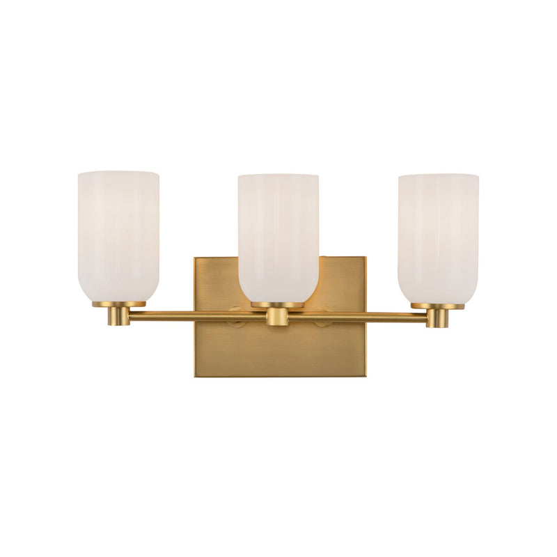 Three Light Vanity<br /><span style="color:#4AB0CE;">Entrega: 4-10 dias en USA</span><br /><span style="color:#4AB0CE;font-size:60%;">PREGUNTE POR ENTREGA EN PANAMA</span><br />Collection: Nola<br />Finish: Brushed Gold/Glossy Opal Glass