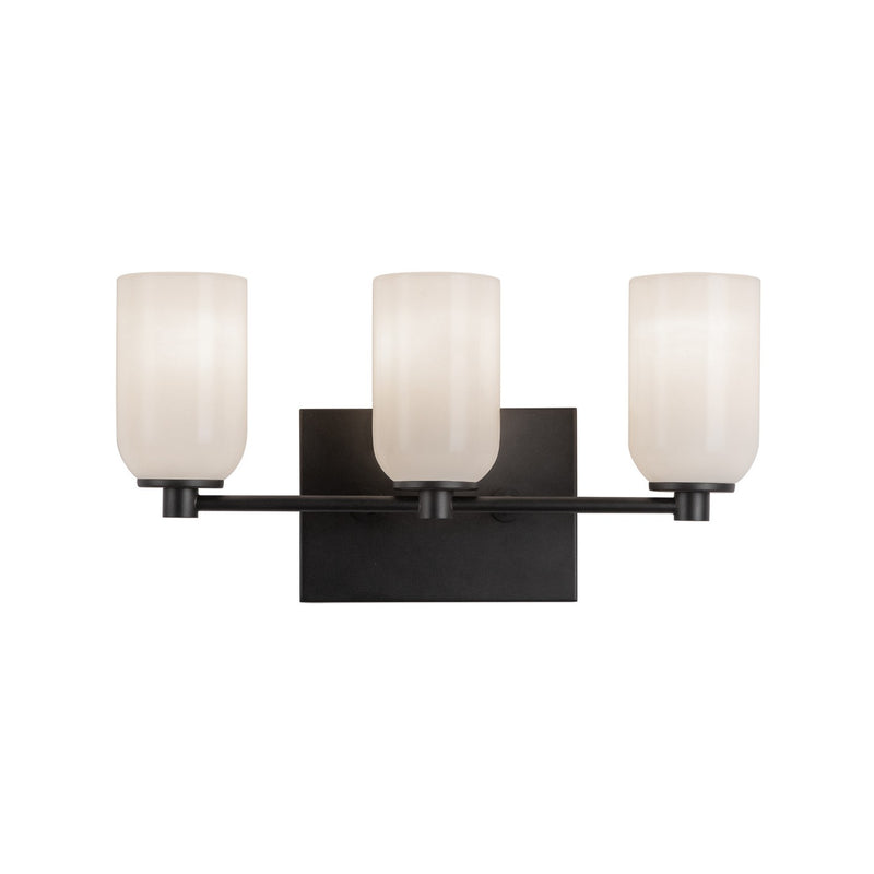 Three Light Vanity<br /><span style="color:#4AB0CE;">Entrega: 4-10 dias en USA</span><br /><span style="color:#4AB0CE;font-size:60%;">PREGUNTE POR ENTREGA EN PANAMA</span><br />Collection: Nola<br />Finish: Black/Glossy Opal Glass