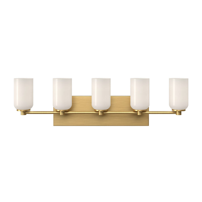 Five Light Vanity<br /><span style="color:#4AB0CE;">Entrega: 4-10 dias en USA</span><br /><span style="color:#4AB0CE;font-size:60%;">PREGUNTE POR ENTREGA EN PANAMA</span><br />Collection: Nola<br />Finish: Brushed Gold/Glossy Opal Glass