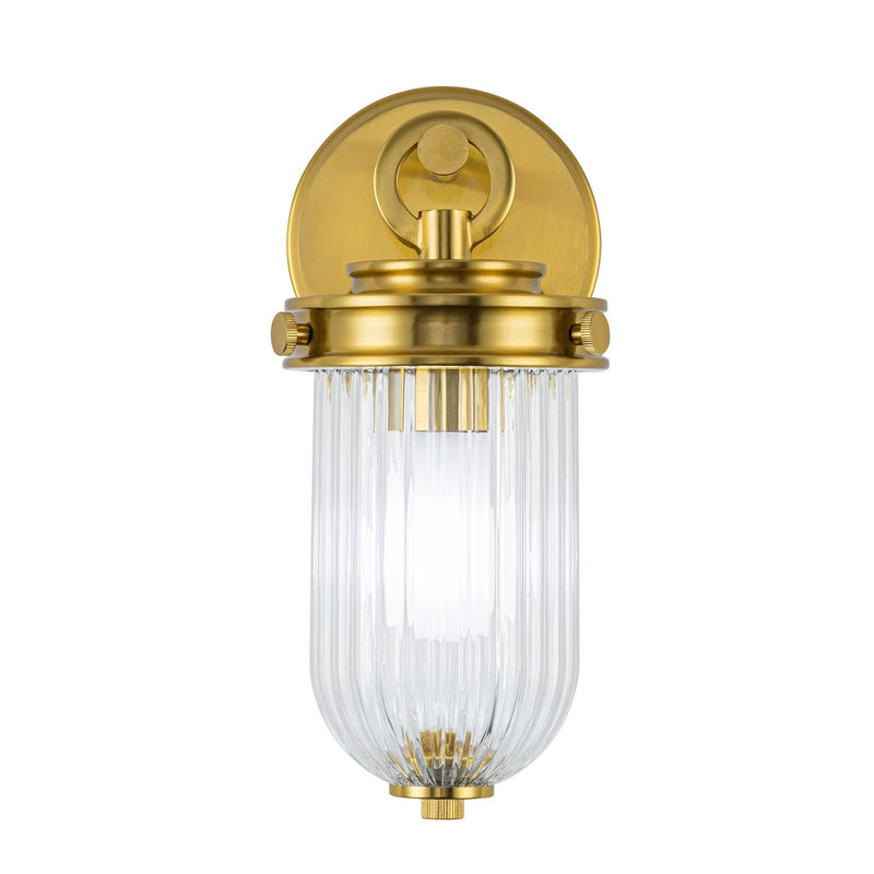 One Light Wall Sconce<br /><span style="color:#4AB0CE;">Entrega: 4-10 dias en USA</span><br /><span style="color:#4AB0CE;font-size:60%;">PREGUNTE POR ENTREGA EN PANAMA</span><br />Collection: Myla<br />Finish: Vintage Brass