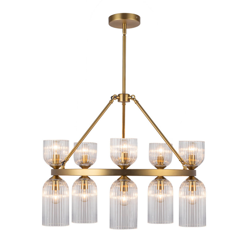 Ten Light Chandelier<br /><span style="color:#4AB0CE;">Entrega: 4-10 dias en USA</span><br /><span style="color:#4AB0CE;font-size:60%;">PREGUNTE POR ENTREGA EN PANAMA</span><br />Collection: Nelly<br />Finish: Brushed Gold/Clear Ribbed Glass