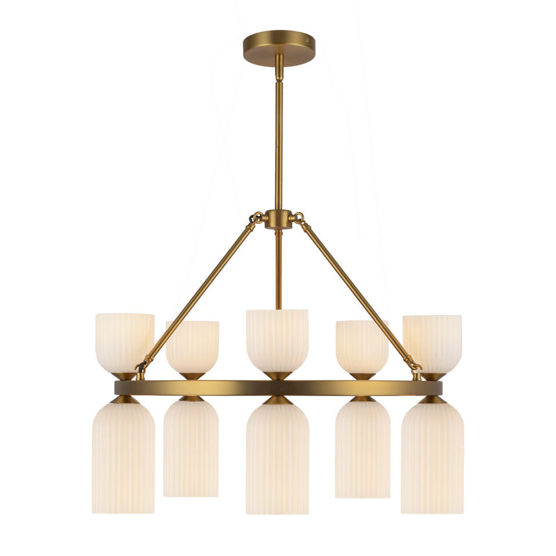 Ten Light Chandelier<br /><span style="color:#4AB0CE;">Entrega: 4-10 dias en USA</span><br /><span style="color:#4AB0CE;font-size:60%;">PREGUNTE POR ENTREGA EN PANAMA</span><br />Collection: Nelly<br />Finish: Brushed Gold/Glossy Ribbed Opal Glass