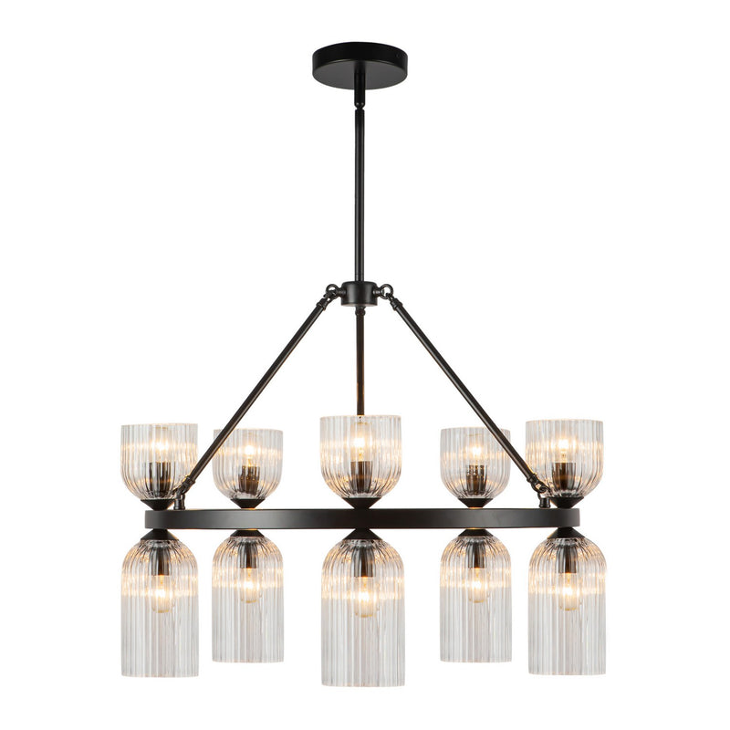 Ten Light Chandelier<br /><span style="color:#4AB0CE;">Entrega: 4-10 dias en USA</span><br /><span style="color:#4AB0CE;font-size:60%;">PREGUNTE POR ENTREGA EN PANAMA</span><br />Collection: Nelly<br />Finish: Matte Black/Clear Ribbed Glass