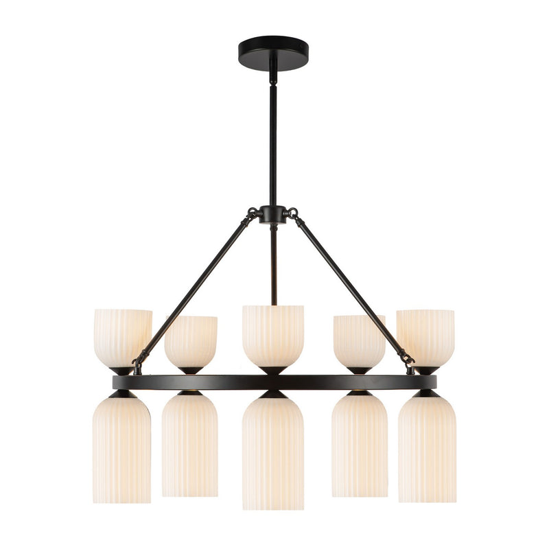 Ten Light Chandelier<br /><span style="color:#4AB0CE;">Entrega: 4-10 dias en USA</span><br /><span style="color:#4AB0CE;font-size:60%;">PREGUNTE POR ENTREGA EN PANAMA</span><br />Collection: Nelly<br />Finish: Matte Black/Glossy Ribbed Opal Glass