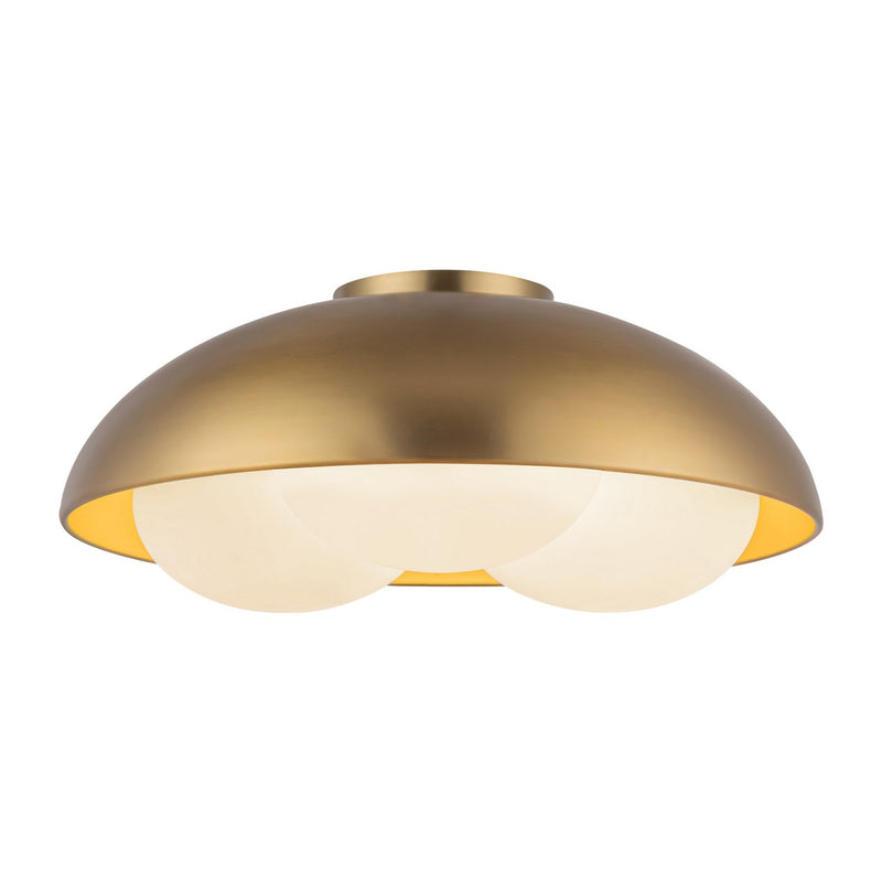 Three Light Flush Mount<br /><span style="color:#4AB0CE;">Entrega: 4-10 dias en USA</span><br /><span style="color:#4AB0CE;font-size:60%;">PREGUNTE POR ENTREGA EN PANAMA</span><br />Collection: Robyn<br />Finish: Brushed Gold/Opal Glass