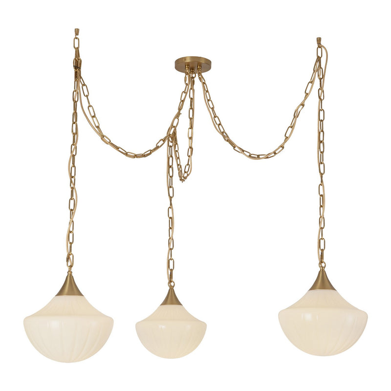 Three Light Pendant<br /><span style="color:#4AB0CE;">Entrega: 4-10 dias en USA</span><br /><span style="color:#4AB0CE;font-size:60%;">PREGUNTE POR ENTREGA EN PANAMA</span><br />Collection: Farrah<br />Finish: Brushed Gold/Glossy Ribbed Opal Glass