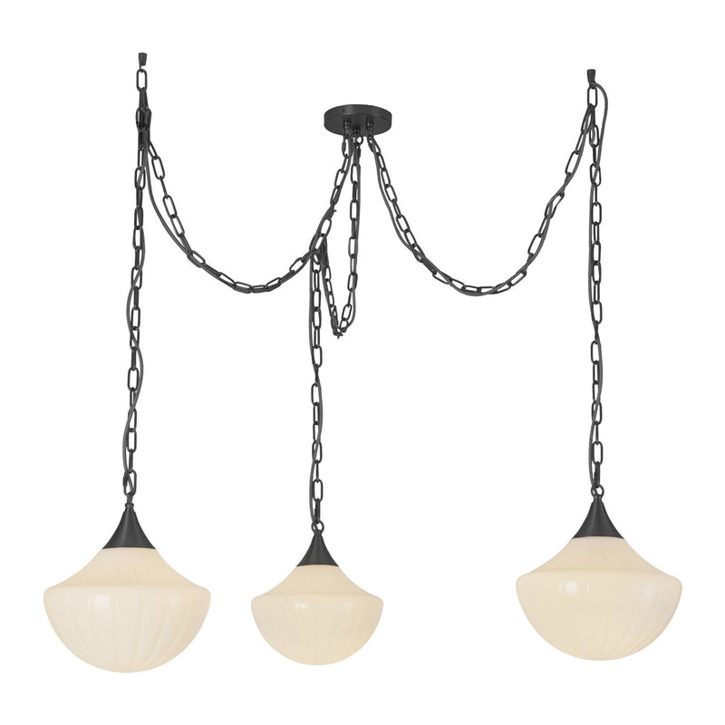Three Light Pendant<br /><span style="color:#4AB0CE;">Entrega: 4-10 dias en USA</span><br /><span style="color:#4AB0CE;font-size:60%;">PREGUNTE POR ENTREGA EN PANAMA</span><br />Collection: Farrah<br />Finish: Matte Black/Glossy Ribbed Opal Glass