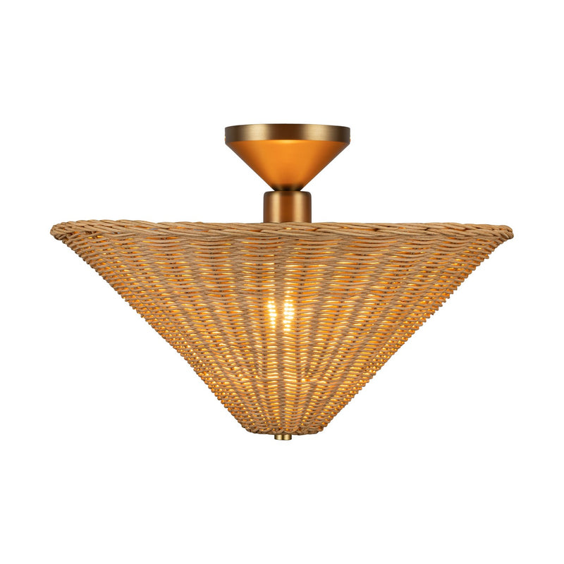 One Light Semi-Flush Mount<br /><span style="color:#4AB0CE;">Entrega: 4-10 dias en USA</span><br /><span style="color:#4AB0CE;font-size:60%;">PREGUNTE POR ENTREGA EN PANAMA</span><br />Collection: Bridgette<br />Finish: Brushed Gold/Rattan