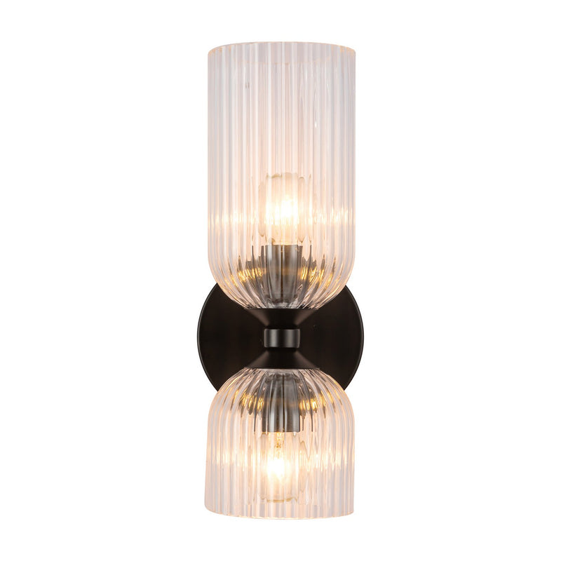 Two Light Vanity<br /><span style="color:#4AB0CE;">Entrega: 4-10 dias en USA</span><br /><span style="color:#4AB0CE;font-size:60%;">PREGUNTE POR ENTREGA EN PANAMA</span><br />Collection: Nelly<br />Finish: Matte Black/Clear Ribbed Glass