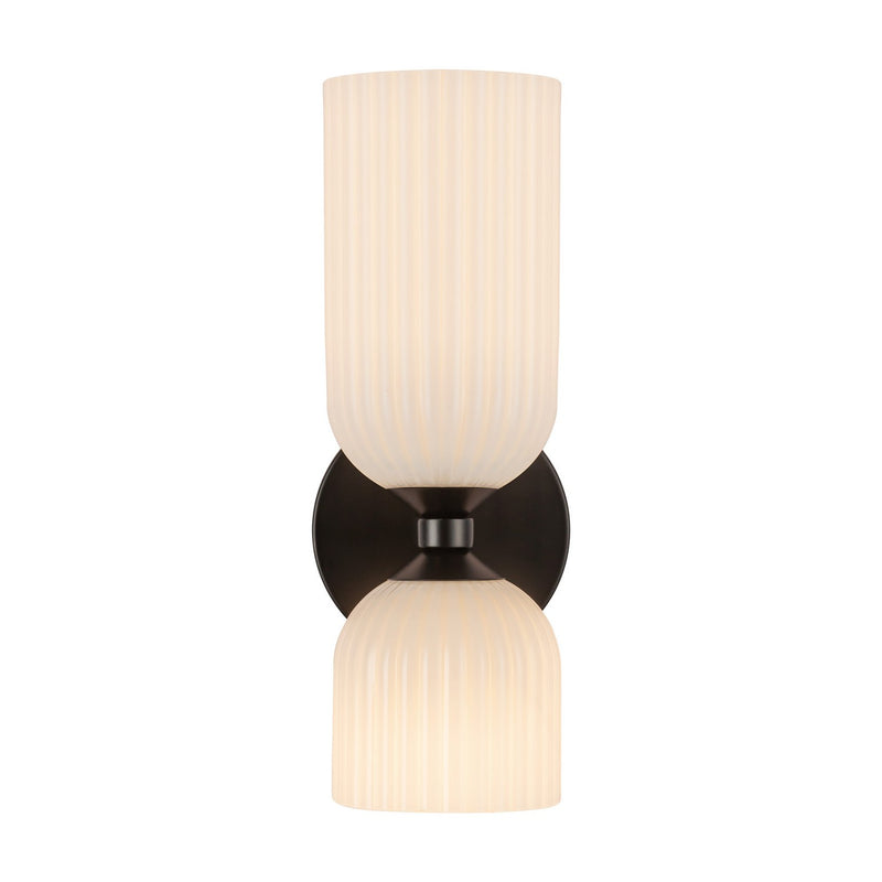 Two Light Vanity<br /><span style="color:#4AB0CE;">Entrega: 2-3 semanas en USA</span><br /><span style="color:#4AB0CE;font-size:60%;">PREGUNTE POR ENTREGA EN PANAMA</span><br />Collection: Nelly<br />Finish: Matte Black/Glossy Ribbed Opal Glass