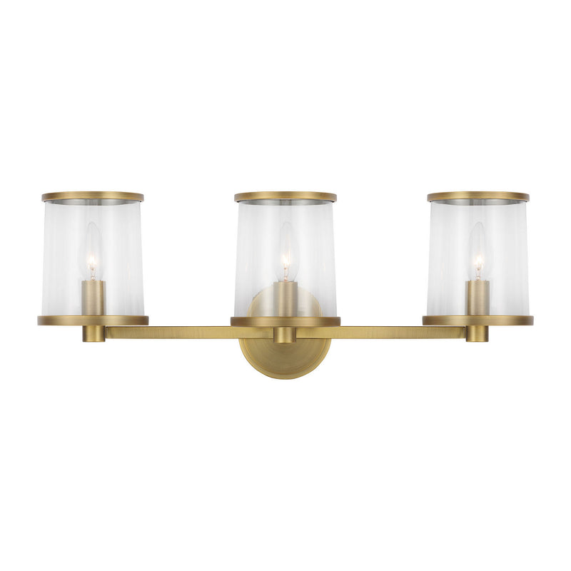 Three Light Vanity<br /><span style="color:#4AB0CE;">Entrega: 4-10 dias en USA</span><br /><span style="color:#4AB0CE;font-size:60%;">PREGUNTE POR ENTREGA EN PANAMA</span><br />Collection: Reynolds<br />Finish: Time Worn Brass